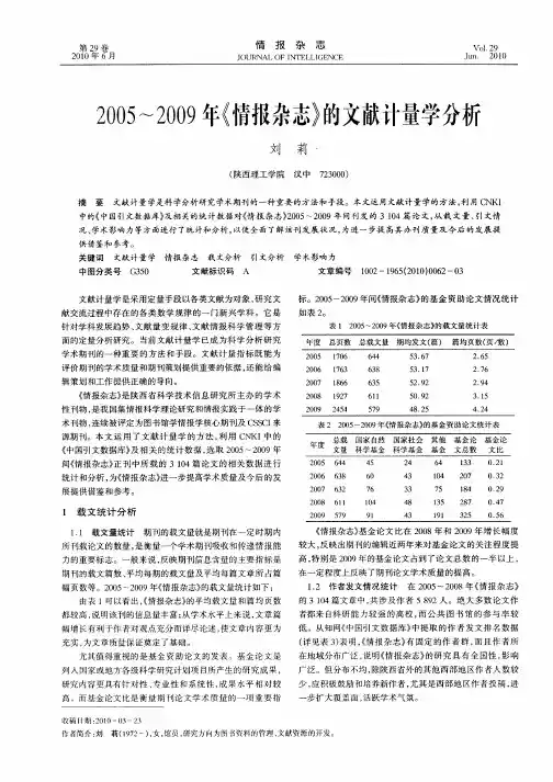 2005～2009年《情报杂志》的文献计量学分析