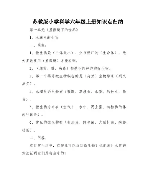 苏教版小学科学六年级上册知识点归纳