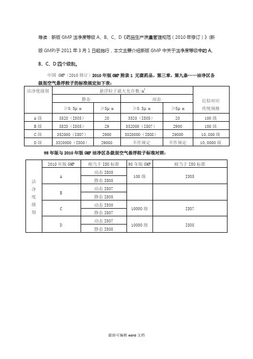 新版GMP洁净度等级A、B、C、D