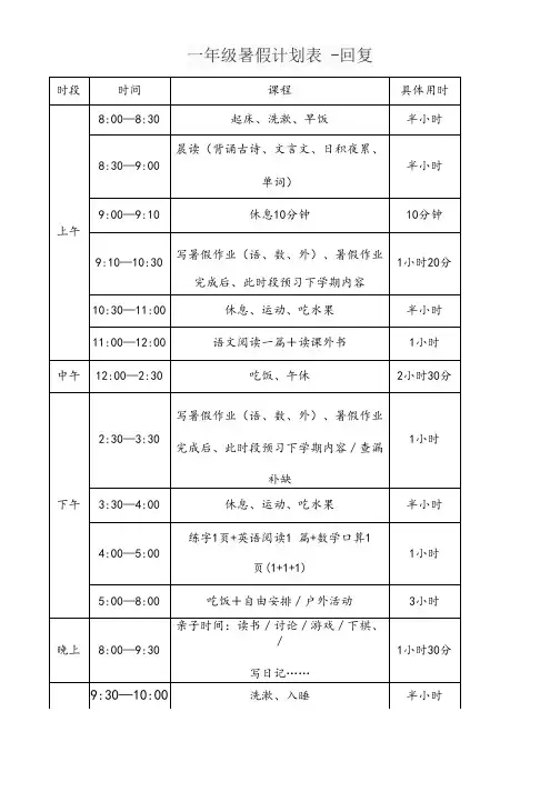一年级暑假计划表 -回复