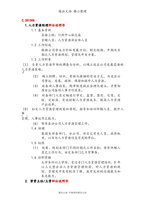 居雅乐物业人力资源部职务说明书