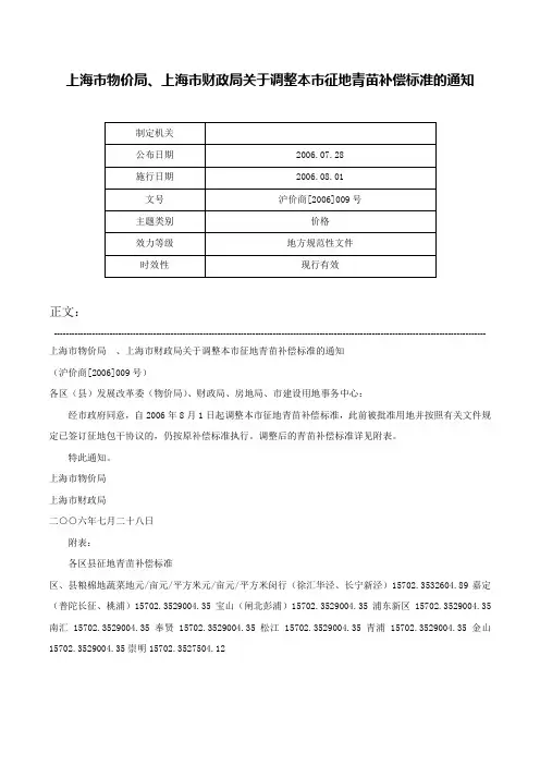 上海市物价局、上海市财政局关于调整本市征地青苗补偿标准的通知-沪价商[2006]009号