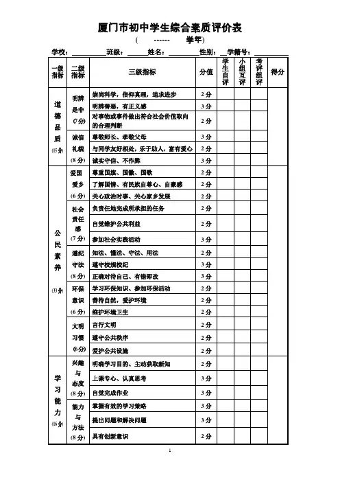 厦门市初中学生综合素质评价表767-最新版