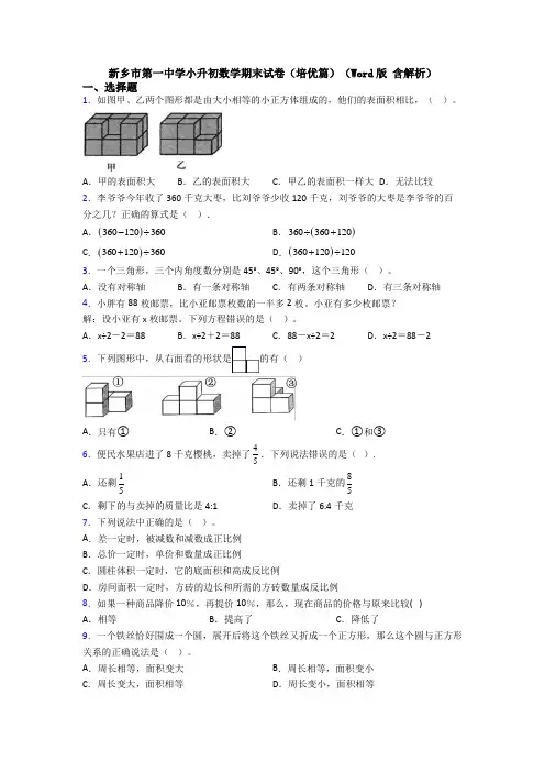 新乡市第一中学小升初数学期末试卷(培优篇)(Word版 含解析)