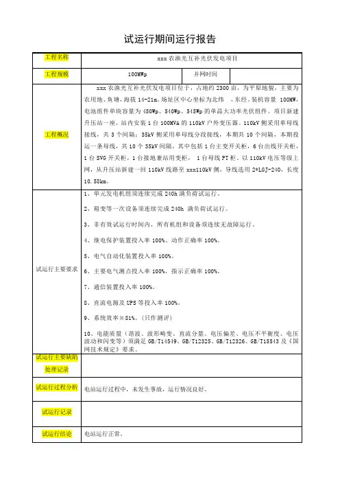 光伏电站试运行期间运行报告1
