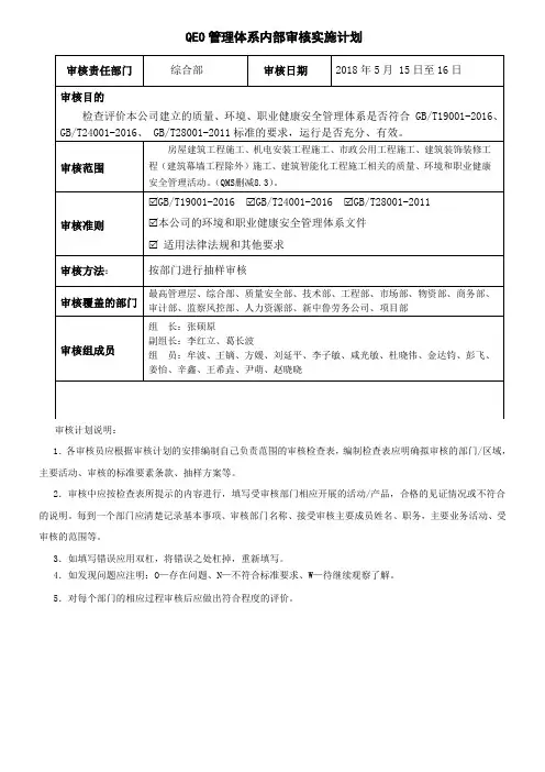 内部审核实施计划安排表