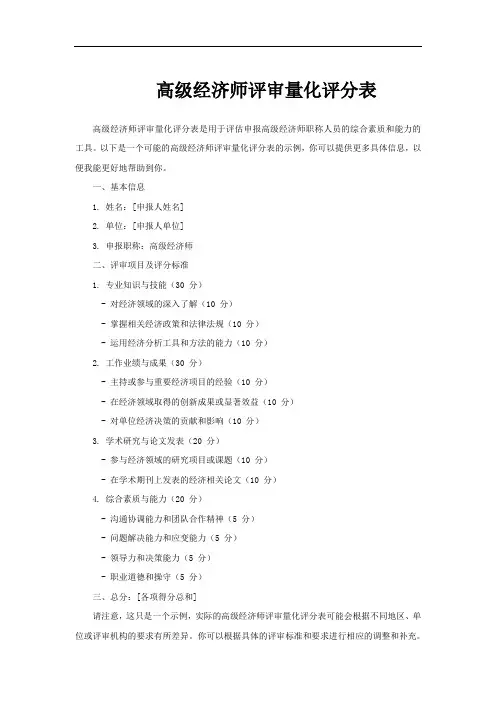 高级经济师评审量化评分表