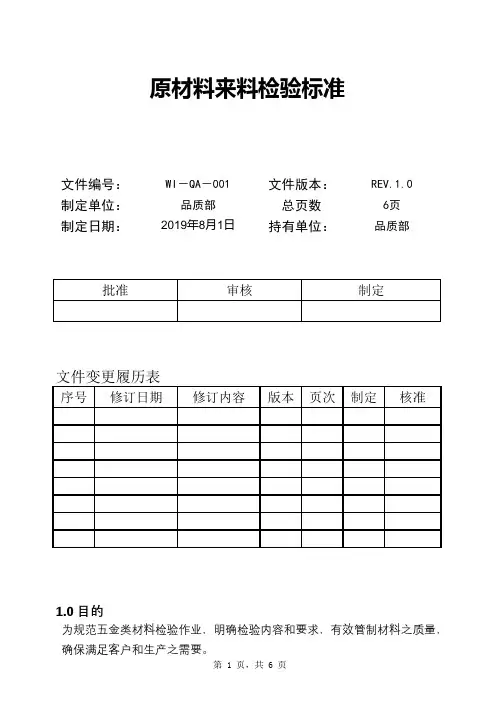 五金原材来料检验标准