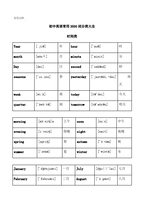 初中全册英语常用3500词分类大全