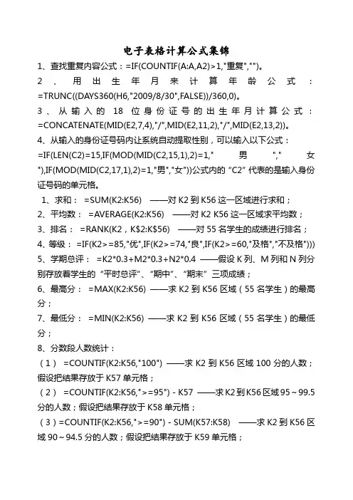 电子表格计算公式集锦