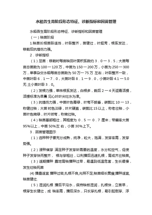 水稻各生育阶段形态特征、诊断指标和因苗管理
