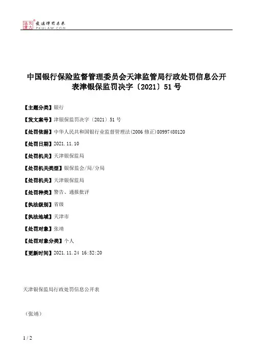 中国银行保险监督管理委员会天津监管局行政处罚信息公开表津银保监罚决字〔2021〕51号