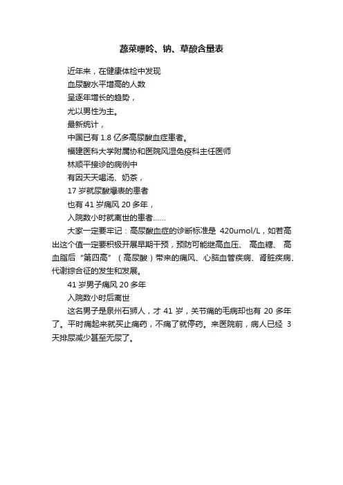 蔬菜嘌呤、钠、草酸含量表