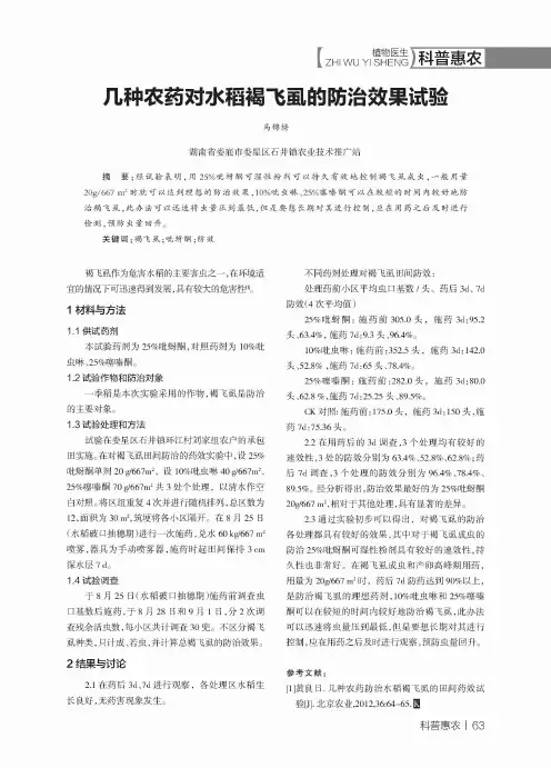 几种农药对水稻褐飞虱的防治效果试验