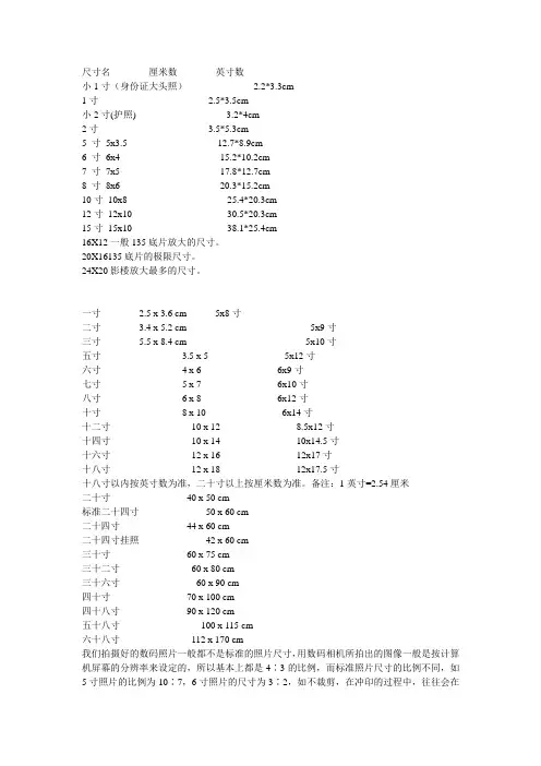 1寸至36寸照片尺寸规格