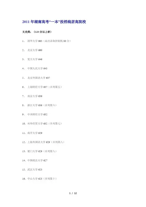 2011年湖南高考一本各高校投档线及湖南省内一本录取及专业情况