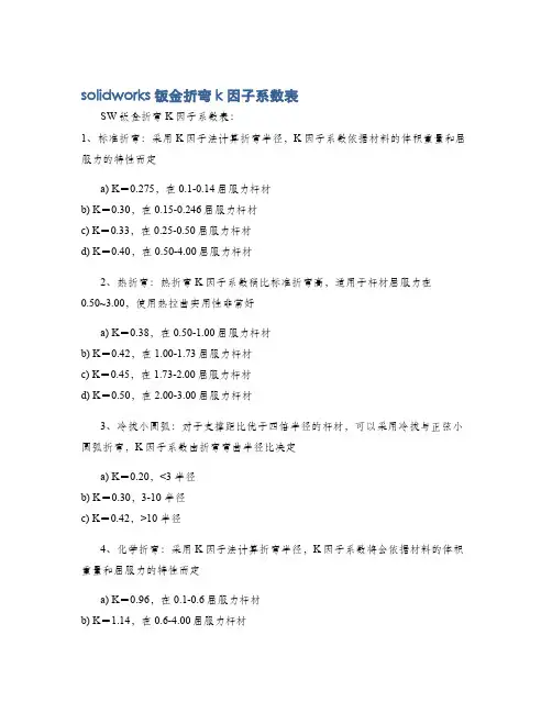 solidworks钣金折弯k因子系数表