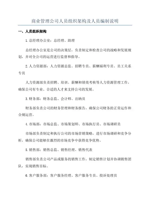 商业管理公司人员组织架构及人员编制说明