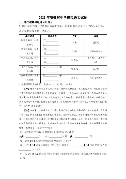 2023年安徽省中考模拟语文试题