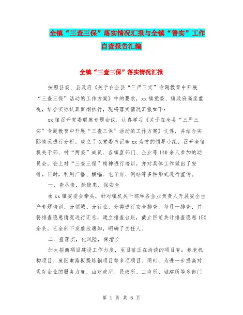 全镇“三查三保”落实情况汇报与全镇“普实”工作自查报告汇编
