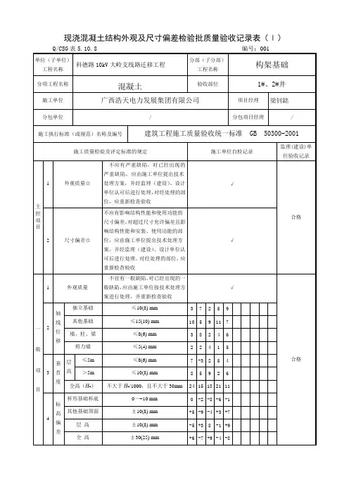 现浇混凝土结构外观及尺寸偏差检验批质量验收记录表
