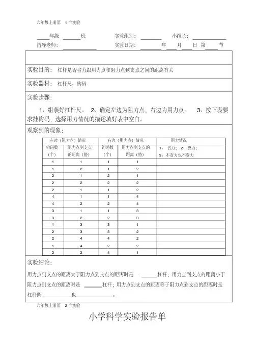小学六年级上册科学实验报告单