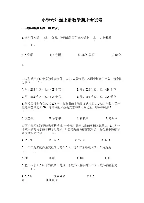 小学六年级上册数学期末考试卷附答案(完整版)