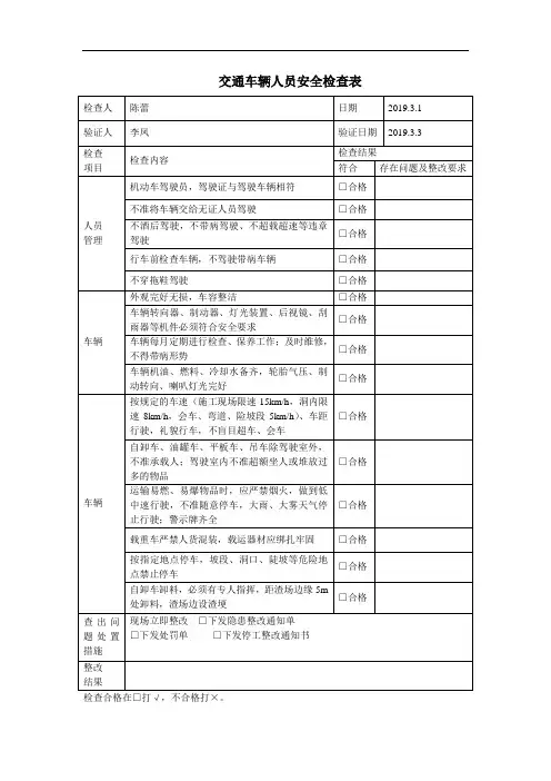 交通车辆、人员安全检查表