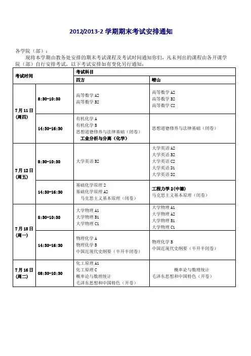 20122013-2学期期末考试安排通知