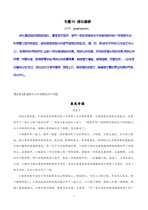 专题04 排比修辞(原卷版)初中现代文阅读考点+答题技巧模板之记叙文