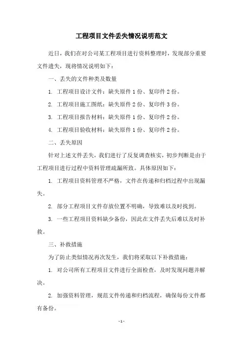 工程项目文件丢失情况说明范文