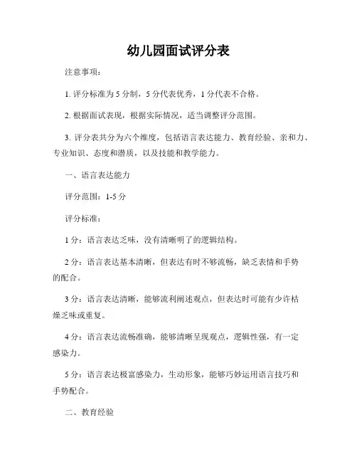 幼儿园面试评分表