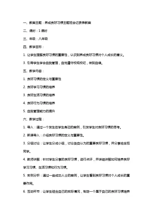 养成良好习惯主题班会记录表教案