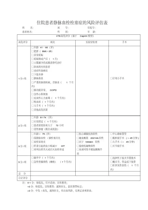 住院患者静脉血栓栓塞症的风险评估表VTE高危评分(基于 Caprini 模型)