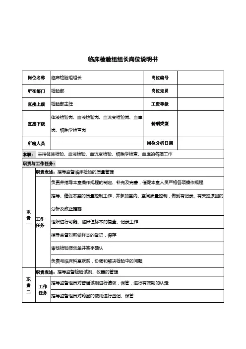 临床检验组组长岗位说明书