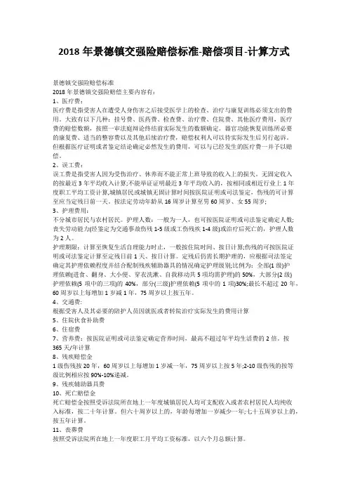 2018年景德镇交强险赔偿标准-赔偿项目-计算方式