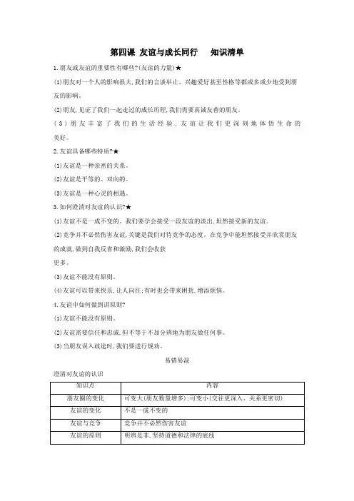 第二单元 友谊的天空 复习学案(含答案)
