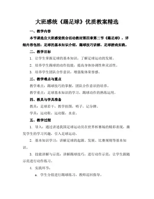 大班感统《踢足球》优质教案精选