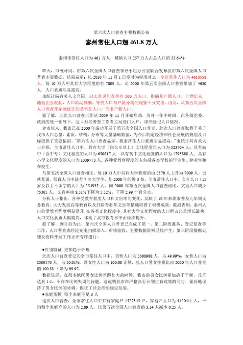 江苏省泰州市2010年第六次全国人口普查主要数据