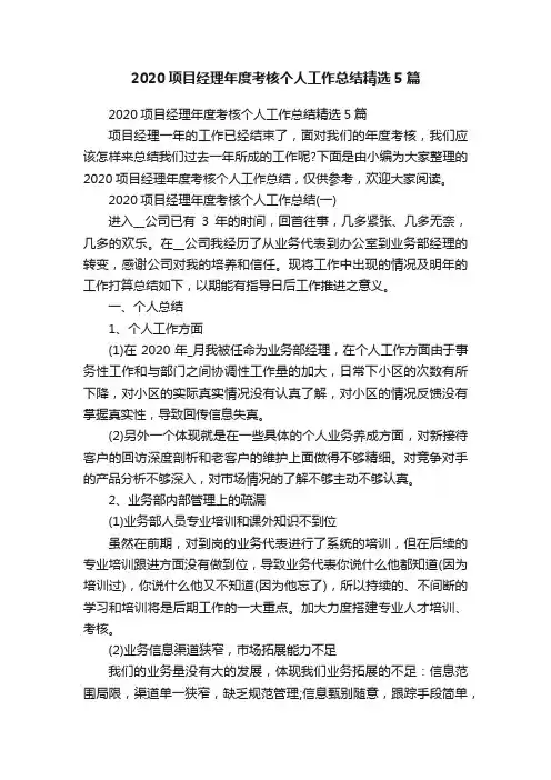 2020项目经理年度考核个人工作总结精选5篇