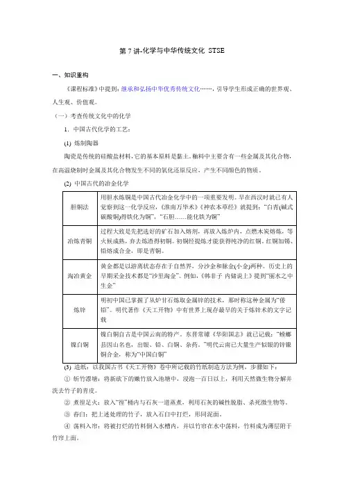 2023届高中化学人教版二轮专题复习第7讲-化学与中华传统文化STSE(学案)