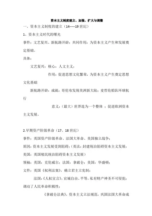 中考历史复习资料：资本主义制度建立、巩固、调整