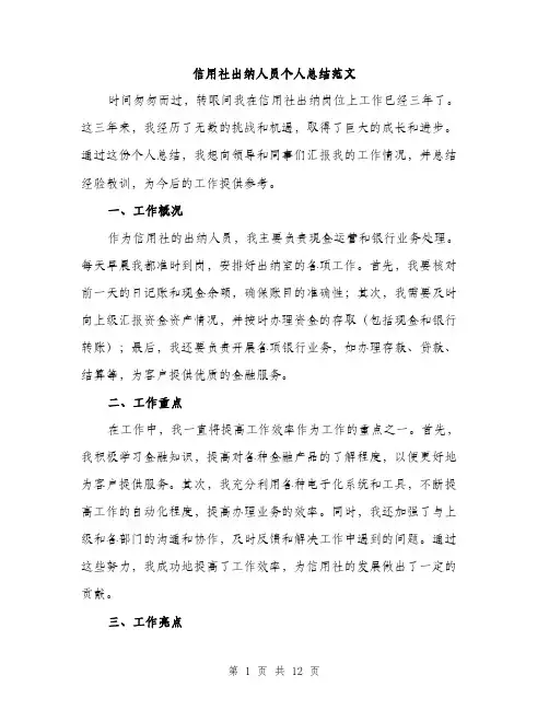 信用社出纳人员个人总结范文(5篇)