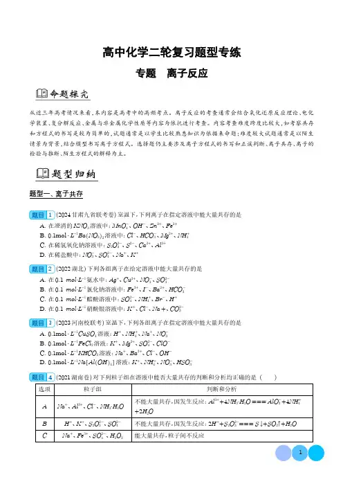 离子反应--2024年高考化学二轮复习题型专练含参考答案