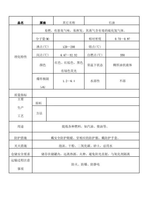 化学危险品的理化特性及危险特性汇总表