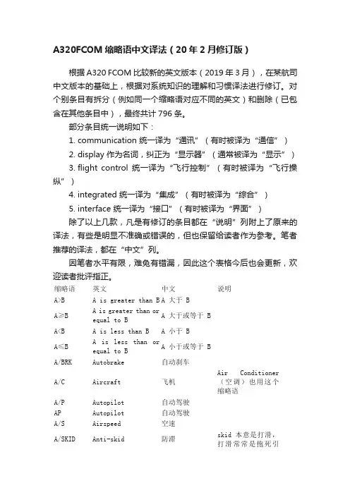 A320FCOM缩略语中文译法（20年2月修订版）