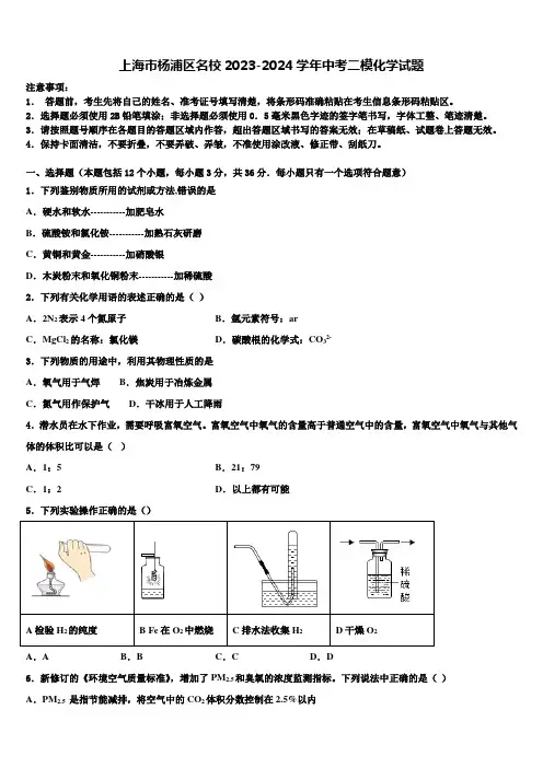 上海市杨浦区名校2023-2024学年中考二模化学试题含解析