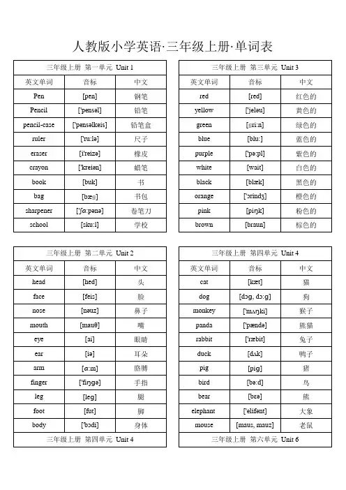 浙江省人教版小学英语词汇大全(三年级起点)