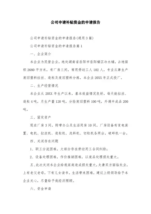 公司申请补贴资金的申请报告