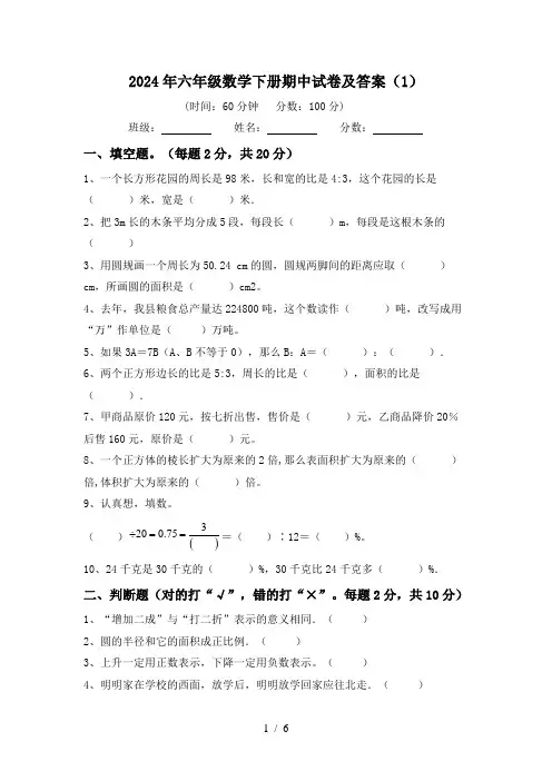 2024年六年级数学下册期中试卷及答案(1)